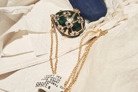 The $19,000 Fabergé egg pendant still had its price tag attached when it was recovered on Thursday.