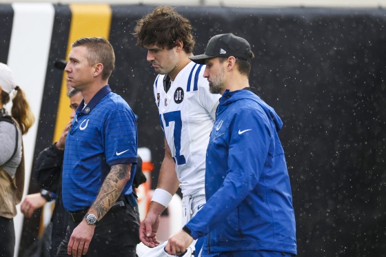 Daniel Jones of the Indianapolis Colts walks off the field after sustaining an injury