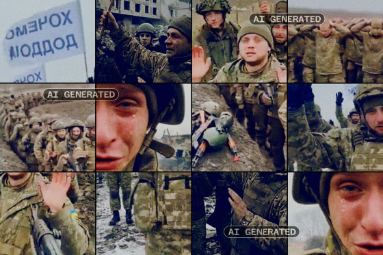 Images from AI-generated videos of Ukrainian soldiers that circulated on social media.
