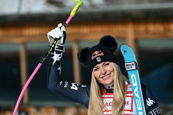 Lindsey Vonn celebrates her victory in the women's downhill race in St. Moritz, Switzerland, on Dec. 12, 2025.