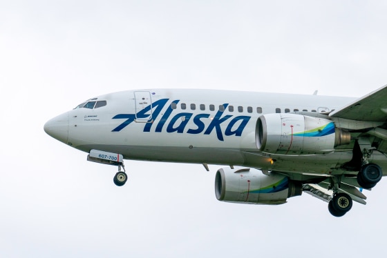 Image: Boeing 737-790 aircraft belonging to Alaska Airlines flying against a foggy white sky