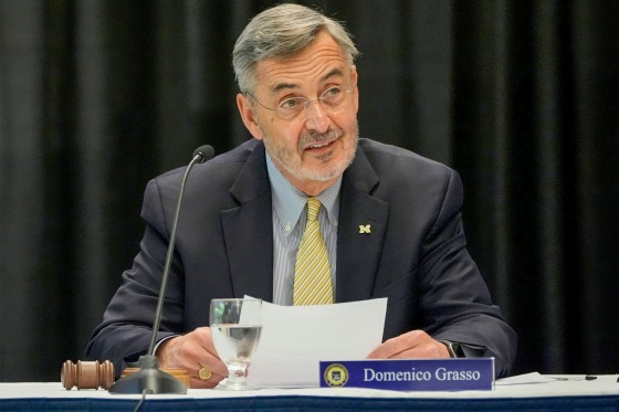 Domenico Grasso, the interim president at the University of Michigan Ann Arbor talks with the Board of Regents at his first