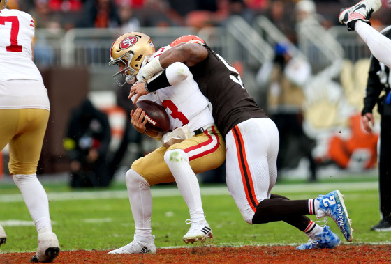 Myles Garrett sacks 49ers quarterback Brock Purdy on Nov. 30, 2025, at Huntington Bank Field in Cleveland, OH. 