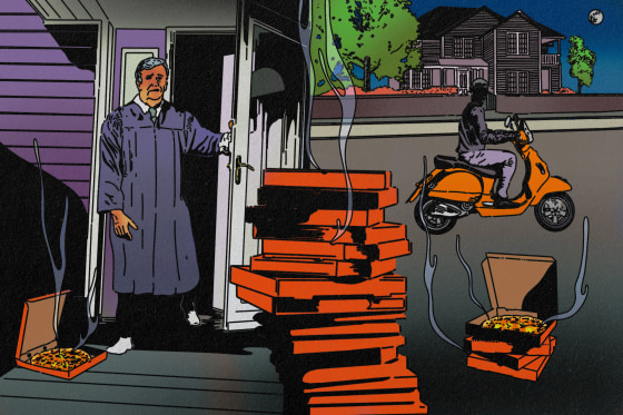 Illustration of a judge opening the front door of his home to a stack of steaming pizza boxes, while a masked delivery man rides away on a scooter.