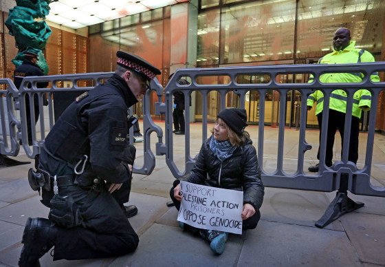 Swedish activist Greta Thunberg before her arrest outside the offices of Aspen Insurance in London on Dec. 23, 2025.