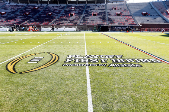 The College Football First Round logo on the field