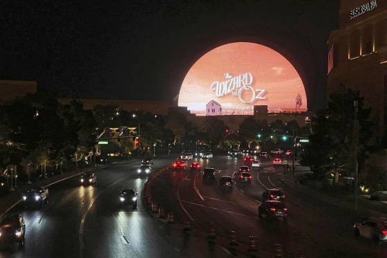 The Sphere in Las Vegas is lit up for the the premiere of "The Wizard of Oz" on Aug. 28, 2025.