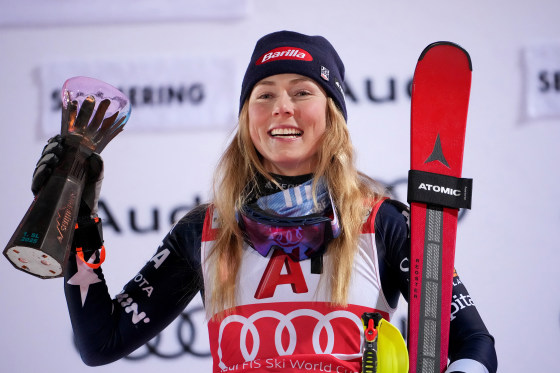Mikaela Shiffrin celebrates on the podium after the Women's Slalom race of the FIS Alpine Ski World Cup in Semmering, Austria on December 28, 2025.