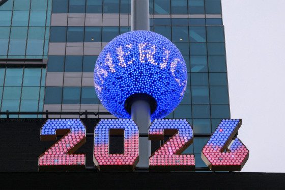 Seven-foot-tall numerals for "2026" are displayed during an illumination ceremony on December 26, 2025 at One Times Square in New York City.