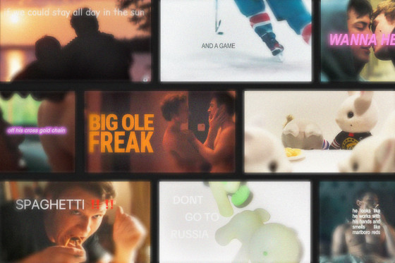 Screenshots of various video edits with text overlays, including "Big Ole Freak," "Spaghetti!," and "Don't go to Russia"