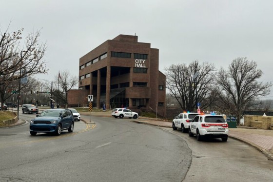 Police outside City Hall in Lawrence, Kan., on Jan. 5, 2026.