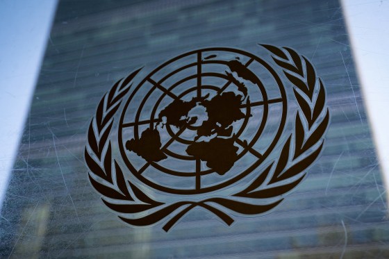The United Nations symbol outside the Secretariat Building at U.N. headquarters on Feb. 28, 2022. 