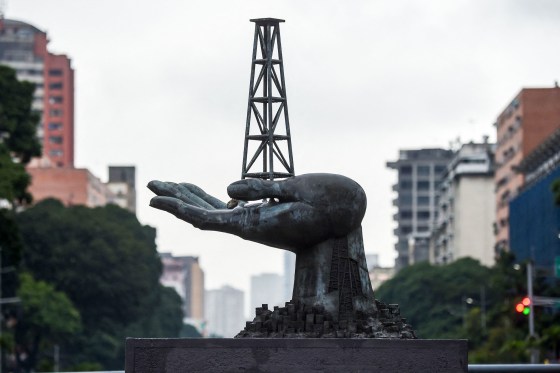 View of the Peace Monument sculpture in front of the Petroleos de Venezuela.