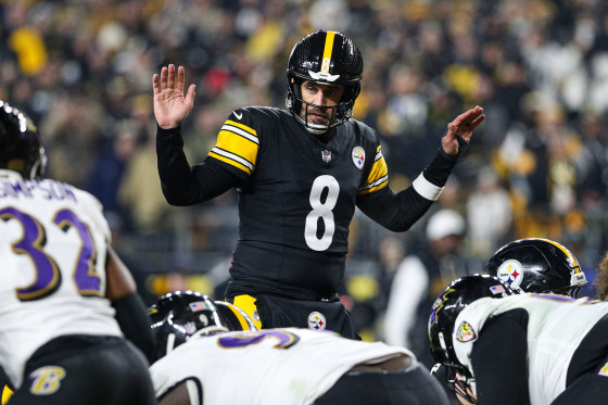 Pittsburgh Steelers quarterback Aaron Rodgers tries to quiet the crowd during a game against the Baltimore Ravens on Jan. 4, 2026.