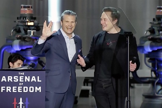 Defense Secretary Pete Hegseth and Elon Musk at SpaceX's Starbase facility near Brownsville, Texas, on Monday.