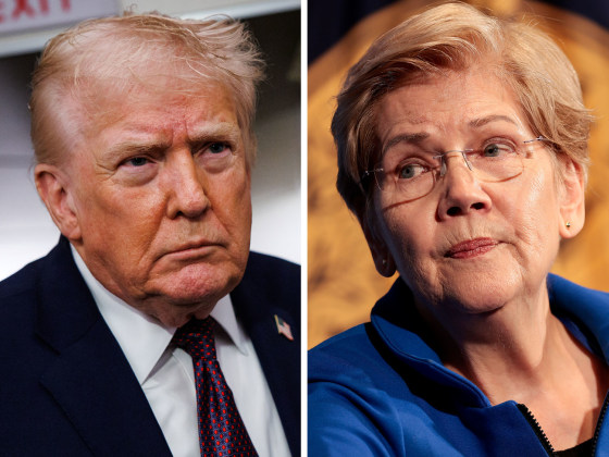 A split composite image of Donald Trump, left, and Elizabeth Warren