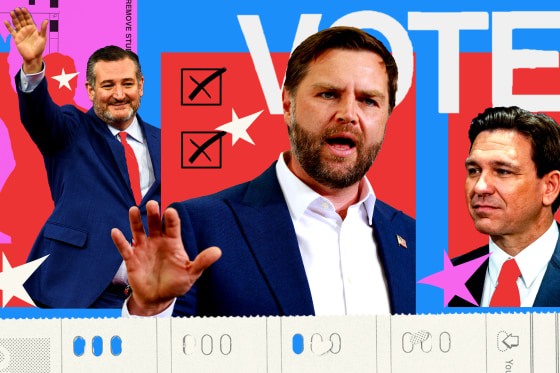Photo illustration of Ted Cruz, JD Vance, and Ron DeSantis