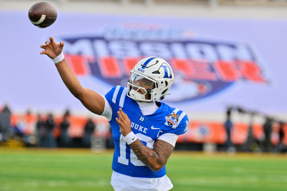 Quarterback Darian Mensah of the Duke Blue Devils warming up before a game