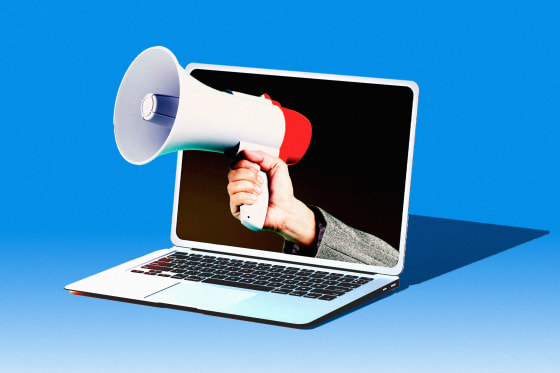 Photo illustration of hand holding a megaphone out of a laptop 