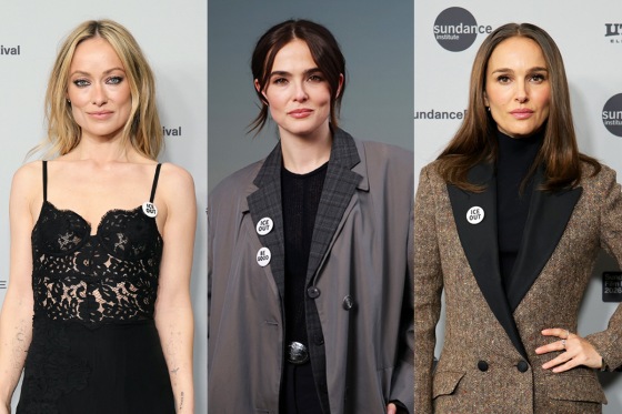 Image: Composite image of Olivia Wilde, Zoey Deutch and Natalie Portman wearing badges that read "ICE OUT".