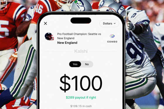 Photo illustration of phone screen against archival photo of Patriots and Seahawks 