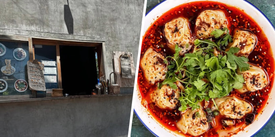 Wang Tulum’s window and a bowl of dumplings in chili oil.
