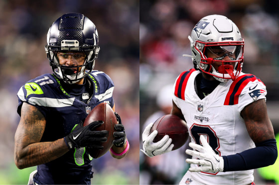 Split image of Seahawks wide receiver Jaxon Smith-Njigba and Patriots wide receiver Stefon Diggs