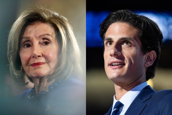 A diptych image showing Nancy Pelosi and Jack Schlossberg.