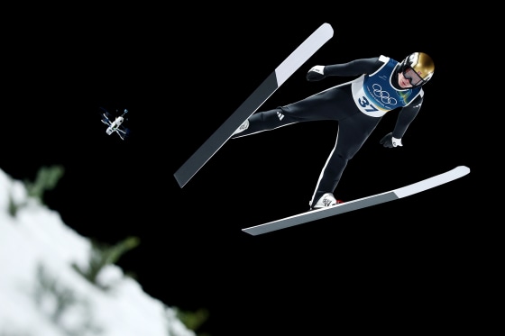 Marius Lindvik of Team Norway during the Men's Normal Hill Individual Trial Round during the Milano Cortina 2026 Winter Olympics on Monday in Val di Fiemme, Italy.