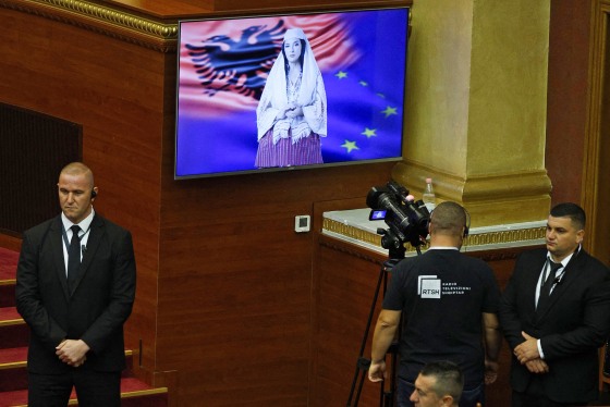 Albania's AI-generated minister "Diella" appears on a screen during a parliamentary session on Sept. 18, 2025. 