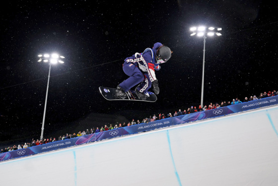 Chloe Kim of Team United States competes in run one of the Women’s Snowboard Halfpipe Final on day six of the Milano Cortina 2026 Winter Olympic games at Livigno Snow Park on February 12, 2026 in Livigno, Italy. 