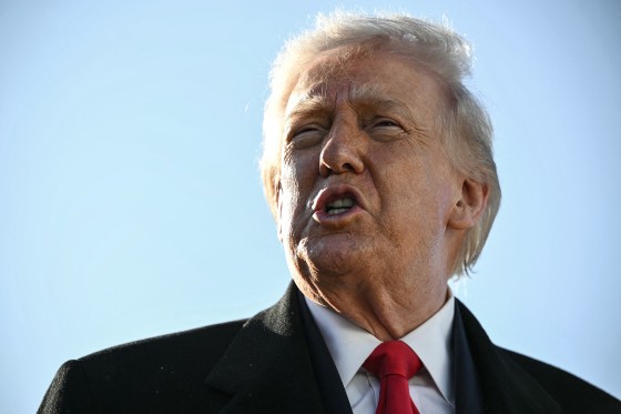 Donald Trump is seen speaking against a clear blue sky.