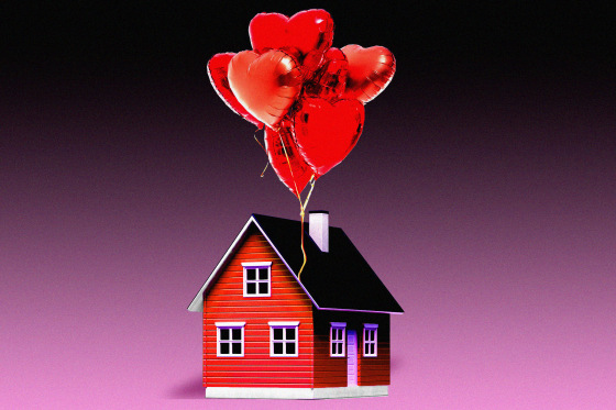Photo illustration of a house being pulled up by heart balloons