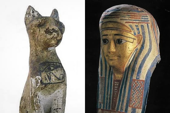 A split composite image of an cat statue, left, and a head sculpture