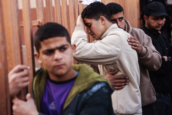 Palestinians mourners during the funeral of those killed in an overnight Israeli strike in Khan Younis, southern Gaza on Feb. 15, 2026.