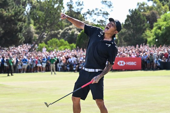 Aces GC player Anthony Kim from the U.S. reacts as he claims the title on the final day of the LIV Golf Adelaide tournament at The Grange Golf Club in Adelaide on February 15.