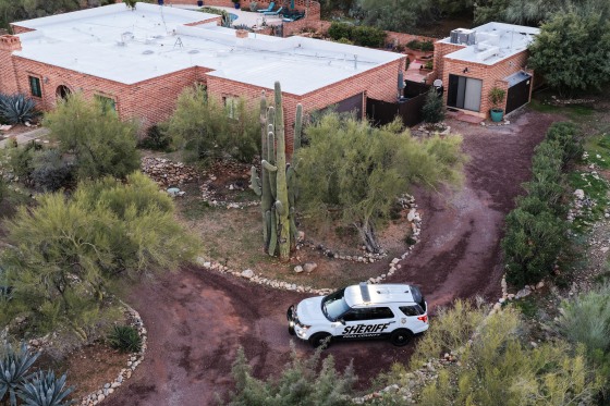 Aerial view of A Pima County Sheriff's vehicle sitting in the driveway of the home of Nancy Guthrie