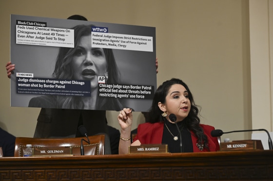 Rep. Delia Ramirez, D-Ill., speaks in front of an image of Homeland Security Secretary Kristi Noem during a hearing on Dec. 11, 2025.