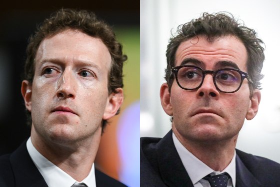 A split composite image of Mark Zuckerberg, left, and Adam Mosseri.