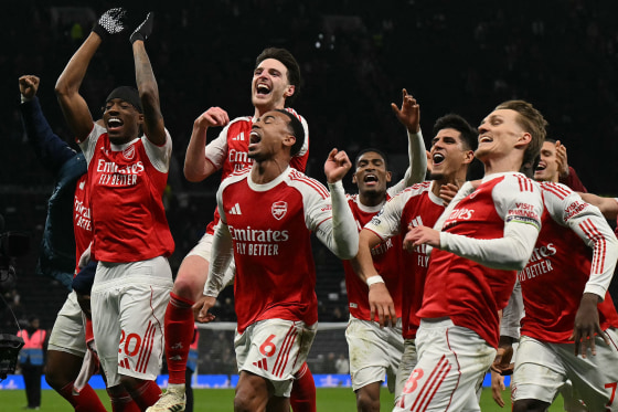 Arsenal celebrate victory against Tottenham Hotspur in London on Feb. 22, 2026.