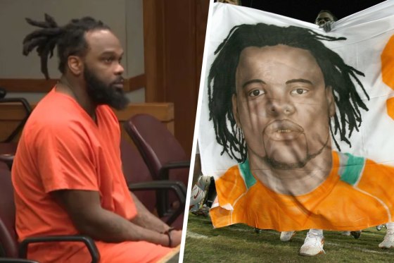 Rashaun Jones appears in court in 2022, left, and teammates of Bryan Pata of the University of Miami Hurricanes hold a flag of him in 2006, right.
