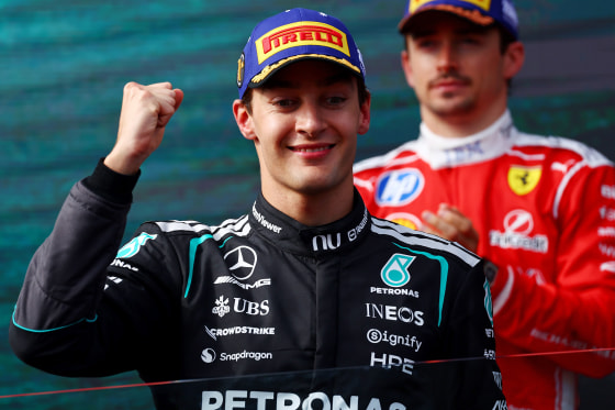 Race winner George Russell of Great Britain and Mercedes AMG Petronas F1 Team arrives on the podium during the F1 Grand Prix of Australia at Albert Park Grand Prix Circuit on Sunday.