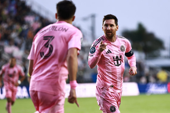 Lionel Messi #10 of Inter Miami CF celebrates after scoring his team's first goal during the CONCACAF Champions Cup Round of 16 Second Leg match between Inter Miami CF and Nashville SC at Chase Stadium on March 18, 2026 in Fort Lauderdale, Florida. This is Lionel Messi’s 900th career goal.