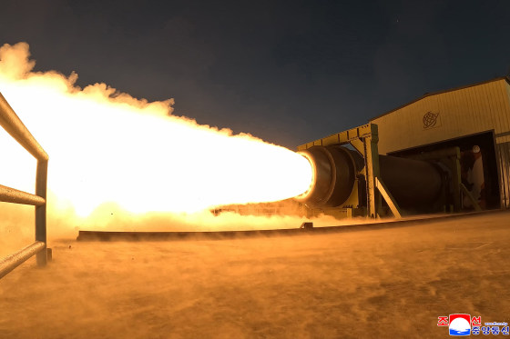 This undated photo provided on March 29, 2026, by the North Korean government, shows what it says a solid-fuel engine test at an undisclosed place in North Korea. Independent journalists were not given access to cover the event depicted in this image distributed by the North Korean government. The content of this image is as provided and cannot be independently verified. Korean language watermark on image as provided by source reads: "KCNA" which is the abbreviation for Korean Central News Agency. (Korean Central News Agency/Korea News Service via AP)