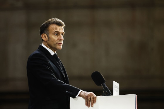 France's President Emmanuel Macron delivers a speech during his visit to the Nuclear Submarine Navy Base of Ile Longue in Crozon, France.