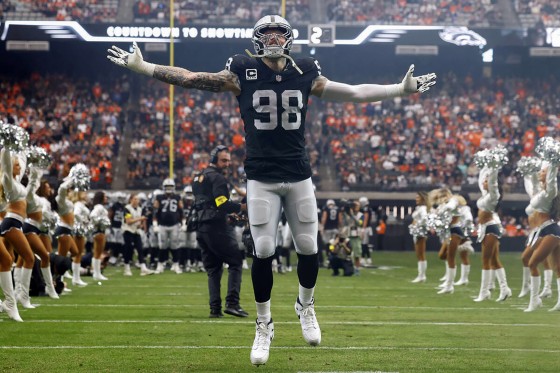 Las Vegas Raiders defensive end Maxx Crosby (98) reacts as he takes the field to face the Denver Broncos at Allegiant Stadium on Dec. 7, 2025, in Las Vegas.