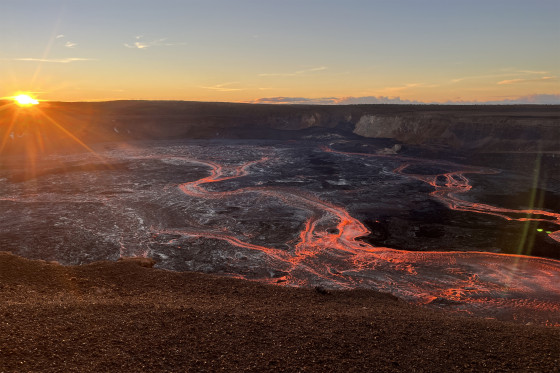Sunrise over Kīlauea summit, the Halemaumau Crater in Kaluapele (Kilauea summit caldera), eruption episode 30 on Aug. 6, 2025.