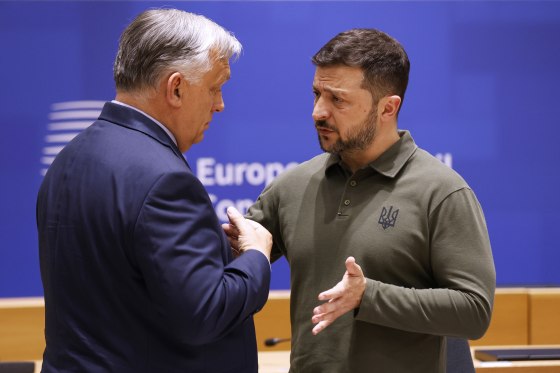 Hungarian Prime Minister Viktor Orban, left, with Ukrainian President Volodymyr Zelenskyy in Brussels in 2024.