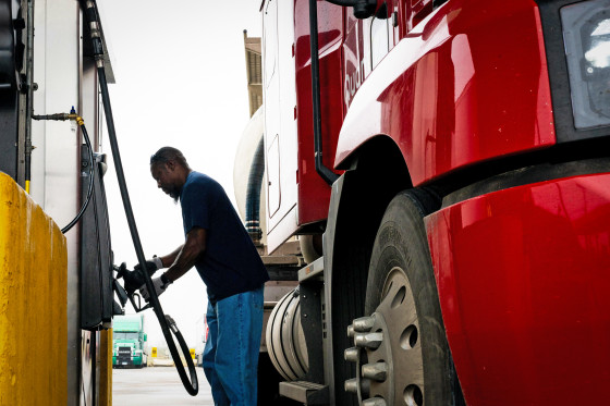 A customer fills their semi-truck at a Pilot Traveler Center on March 09, 2026 in Lockhart, Texas. 