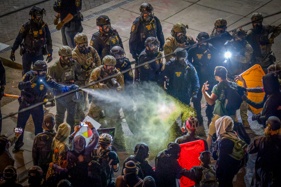 Law enforcement spray tear gas at protesters.